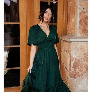 Baltic Born Smocked Waist Maxi Dress Tiered Short Sleeve Emerald Green Medium